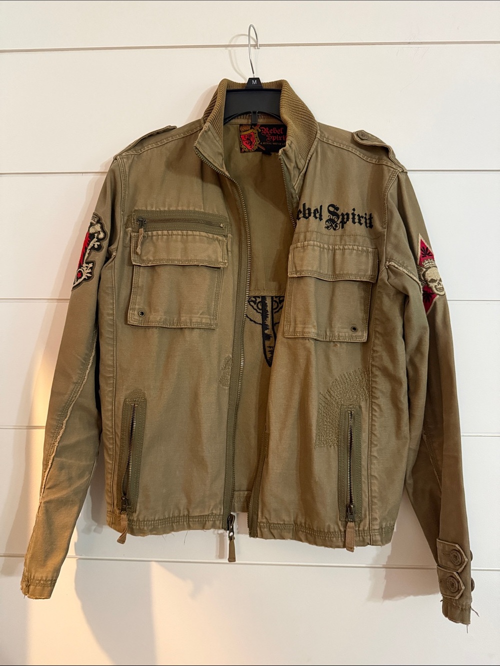 Rebel Spirit Men's Olive Green Military Field Jacket with Patch Accents y2k
